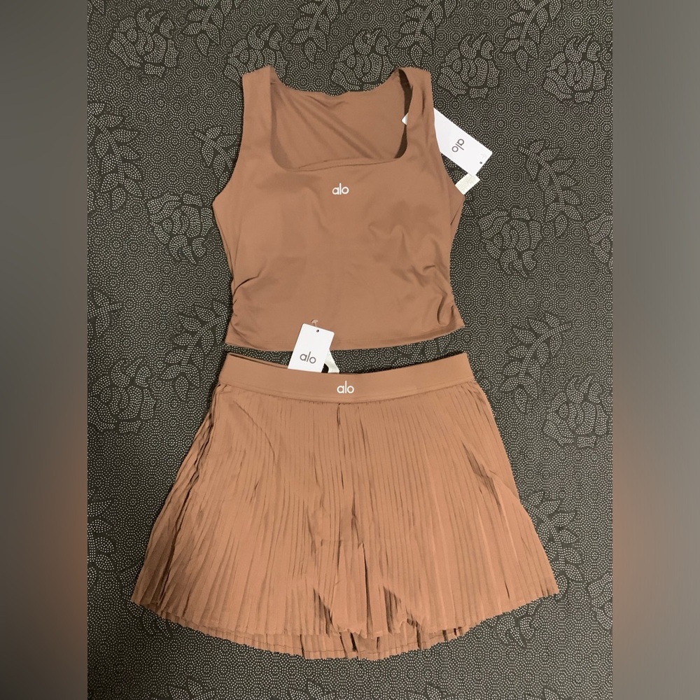 ALO Yoga Tan Pleated Skater Skirt with Matching Crop Tank